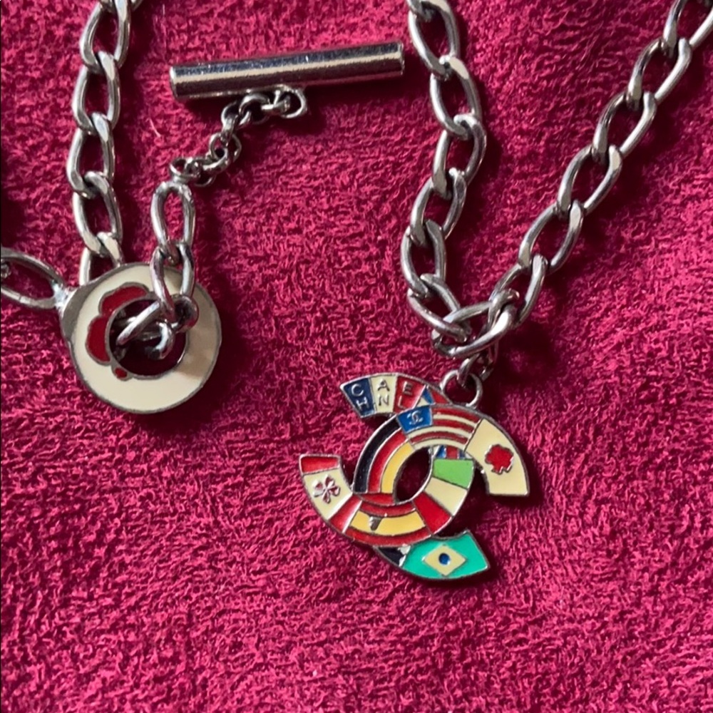 Vintage Chanel CC world flags silver tone necklace